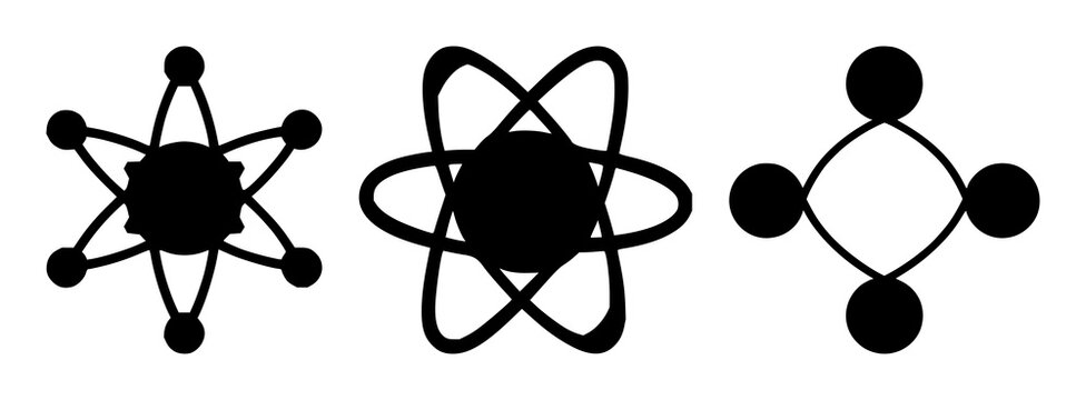 Quantum qubit atom icon set with solid black symbol on white background featuring quantum computing, qubit, atom graphic with vector and illustration