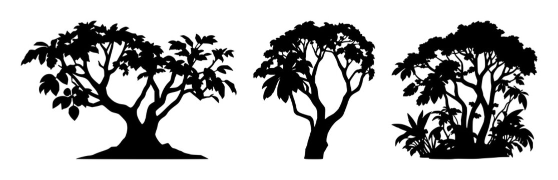 Rainforest protection canopy set with solid black icon on white background featuring environmental protection, biodiversity, nature conservation with iconography and sustainability