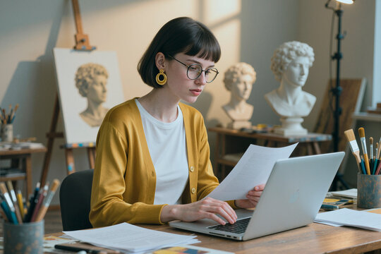 Young adult Caucasian woman reviewing documents and working on laptop in art studio, managing creative business workflow. Useful for freelance work, online education, design services