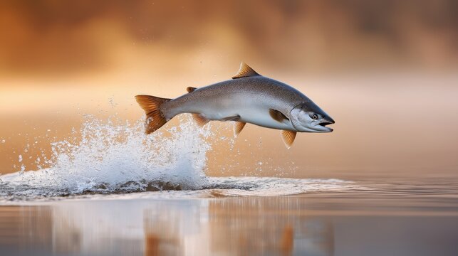 Leaping salmon above splashing river water representing wildlife adventure sport fishing and healthy freshwater ecosystem biodiversity concepts