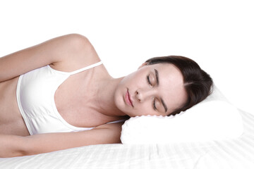 Obraz premium Woman sleeping on bed with orthopedic pillow against white background