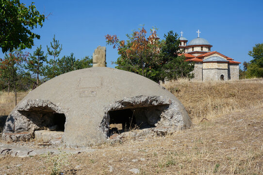Old communist bunker near Orthodox Church of Saint Elijah. Kor&ccedil;&euml;, Albania.