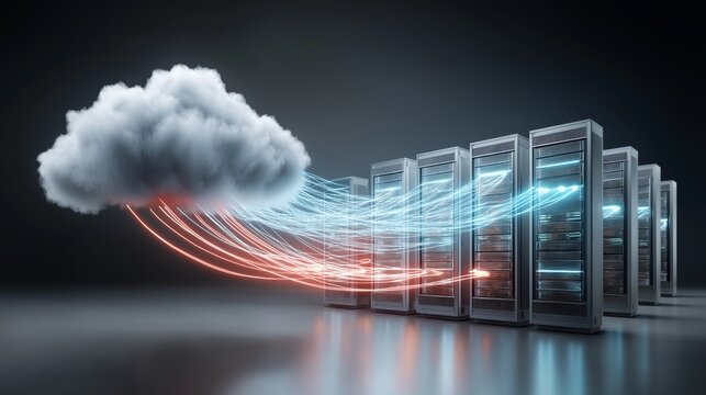 Digital cloud connected to server systems with glowing data streams representing modern cloud computing scalable infrastructure and enterprise connectivity technology