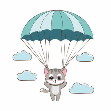 Cute Cat Parachuting with Clouds
