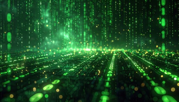 Futuristic Digital Data Stream with Green Code.