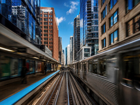 Motion blur of CTA L train on tracks in downtown Chicago loop