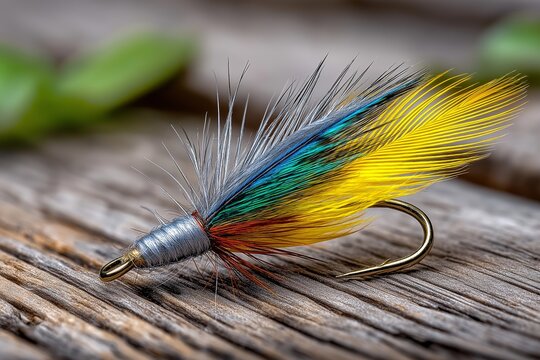 Colorful handcrafted fishing fly on rustic wood surface representing outdoor adventure artisanal craftsmanship and traditional fly fishing sportsmanship culture