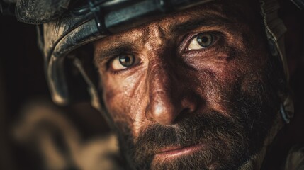 Obraz premium Dusty soldier stares with intense, weary eyes. Helmet marks his rugged, battle-worn face. Beard, sweat, and grit tell of hardship endured. Gaze holds raw resilience and silent endurance