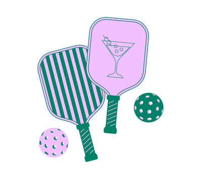Retro pickleball paddles and balls with striped pattern and martini cocktail line art icon. Sport and active lifestyle vintage vector illustration.