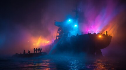 Obraz premium Night sea battle with fire and smoke. Blue and purple lights flash across dark water. Silhouettes of people stand on a small boat. They appear alert, facing a burning ship