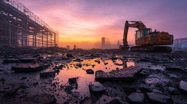 Sunset paints sky in fiery hues above broken concrete. Heavy machinery stands silent amid ruins and puddles. Silent echoes of decay linger in every fractured block. The image conveys abandonment