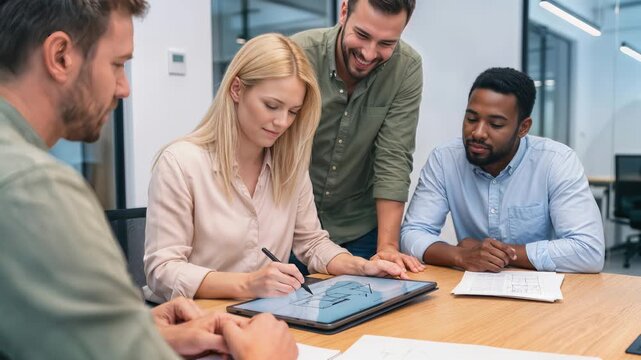 Architectural design team reviewing floor plans on digital tablet. Diverse colleagues collaborating on construction project in modern office. Static medium shot.