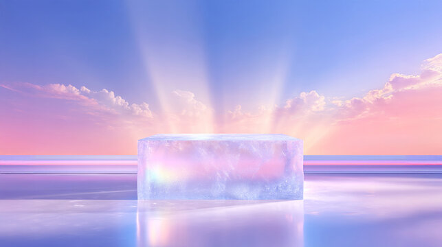 Transparent ice block on reflective podium with colorful sky and clouds in the background