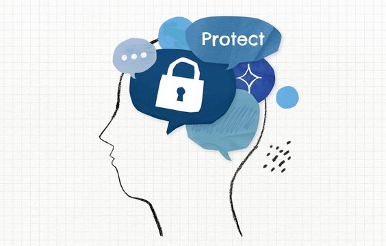 Protect concept with lock icon inside human head silhouette