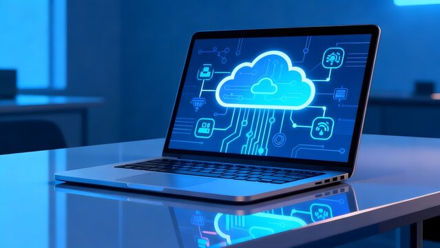 Laptop displaying cloud computing diagram