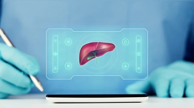 The doctor presents a digital liver interface on his tablet using a hologram. Concept of hepatology, telemedicine with AI for liver monitoring and analysis, detection of metabolic and hepatic data.
