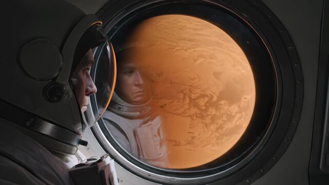 Cosmonaut looking through spacecraft porthole at red planet Mars from orbit. Lockdown close-up shot.