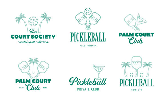 Pickleball club linear logo collection with with palm trees, cocktail glasses, paddles and balls. Vintage sport vector line art illustration set