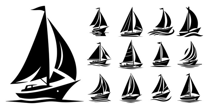 Set of Sailboat and Yacht Silhouettes Collection on Sea Waves - Nautical Sailing Ship Icons for Maritime Travel and Regatta Designs