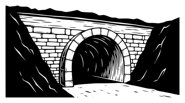 Ancient Stone Tunnel and Masonry Arch Bridge - Historic Mountain Entrance Illustration for Rural Landscape and Engineering Designs