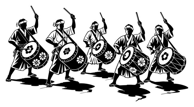 Japanese Taiko Drummer Group Performing at Festival - Asian Cultural Musicians with Traditional Percussion Illustration for Matsuri Events