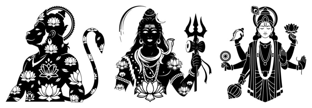 Hindu Deities Collection with Lord Shiva Hanuman and Vishnu - Indian Mythology Spiritual Characters for Religious Culture Designs