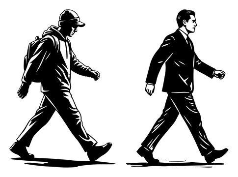 Silhouette of Men Walking in Different Styles - Businessman in Suit and Hiker with Backpack for Career and Lifestyle Choice Concepts