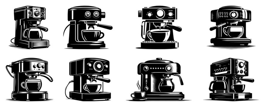Set of Professional Espresso and Coffee Machine Icons - Vintage Kitchen Appliances for Cafe Barista and Morning Beverage Designs