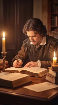 Scholar writing in old book by candlelight. Historical researcher working in library at night. Panning shot.