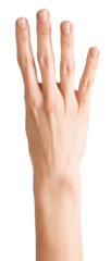 Obraz premium Woman showing number four with fingers on white background, closeup