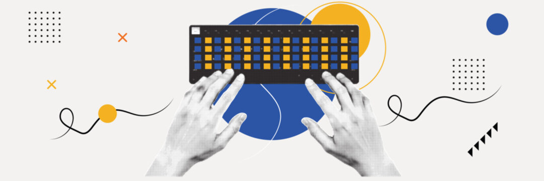 Halftone Pop Art Keyboard with Human Hands. Retro Collage Technology Background. Online Communication and Creative Typing Concept. Vintage Comic Style Digital Workspace