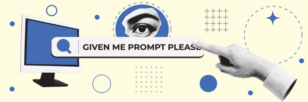 Retro Pop Art Search Bar with Human Hand and Eye. Halftone Collage Communication Concept. Online Prompt and Digital Search Interface Background