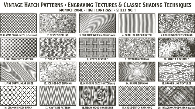 Vintage hatch patterns collection featuring classic engraving textures and monochrome shading techniques for artistic illustration and design projects on white background