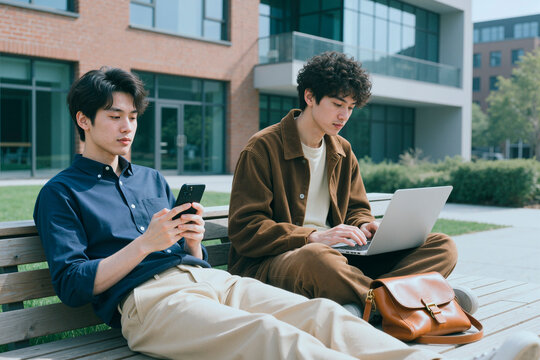 Young men working outdoors with laptop and smartphone near office building, representing remote collaboration and mobile productivity. Ideal for hybrid work marketing