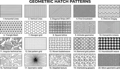 Twenty geometric hatch patterns for technical design and pattern fills featuring triangles hexagons lattices and circuit board lines in clean vector illustration style © RANGER BYTE