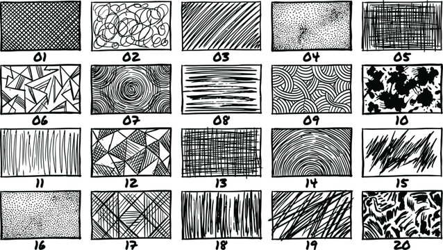Collection of twenty unique artistic hand drawn sketch hatch textures for graphic design and digital illustration featuring various ink strokes and stipple shading effects