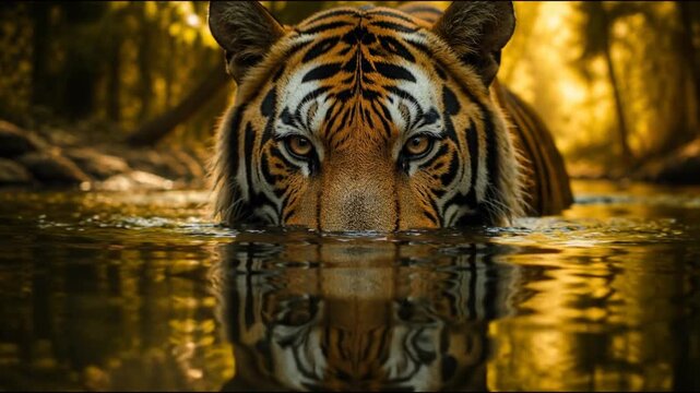 A majestic tiger rests partially submerged in a tranquil forest stream, its intense gaze fixated on the camera while golden sunlight filters through the dense jungle canopy and trees.