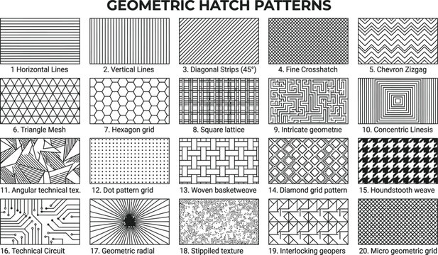 Twenty geometric hatch patterns for technical design and pattern fills featuring triangles hexagons lattices and circuit board lines in clean vector illustration style