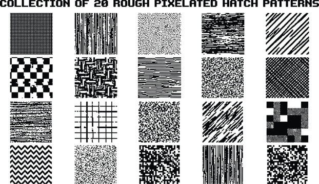 Collection of twenty rough pixelated hatch patterns featuring gritty digital textures and distorted line work for retro gaming and distressed graphic design projects