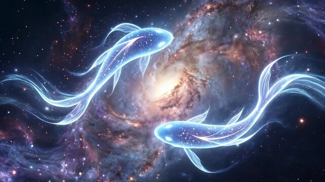 Ethereal glowing fish swimming through cosmic nebula. Surreal celestial animation of zodiac Pisces symbol in deep space.