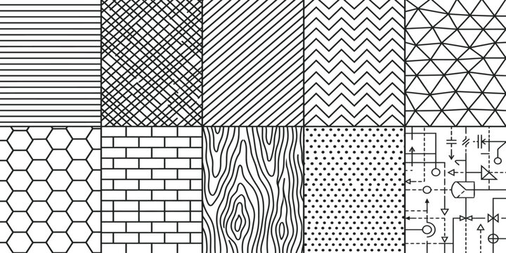 Ten geometric and organic seamless hatch pattern tiles for architectural and graphic design featuring wood grain brick dot grids and circuit patterns in vector format