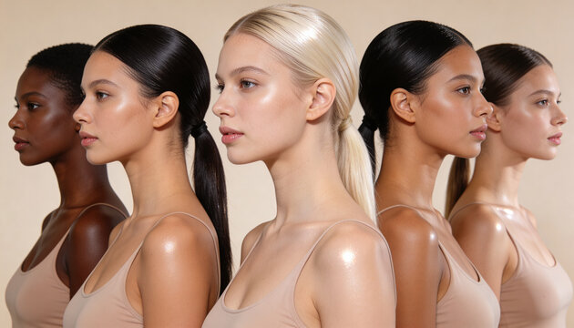 Diverse women with glowing skin standing in row profile side view. Group of girls with healthy clean face and natural makeup. Beauty skincare concept for cosmetic and wellness industry.