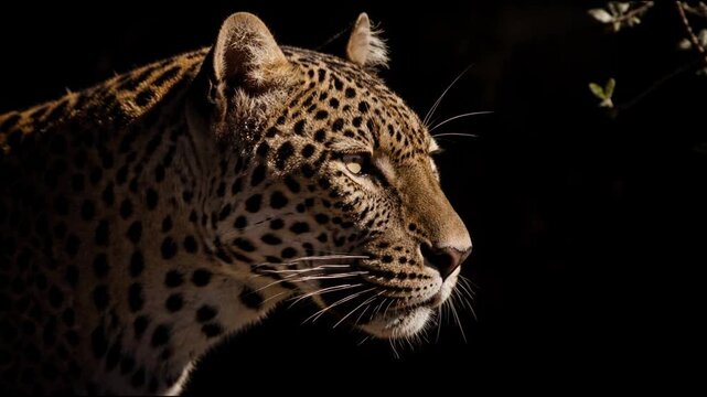 A majestic leopard stands in profile with whiskers twitching slightly as it breathes, showing the beautiful coat patterns and intense gaze of a powerful wild cat in a dark safari setting.