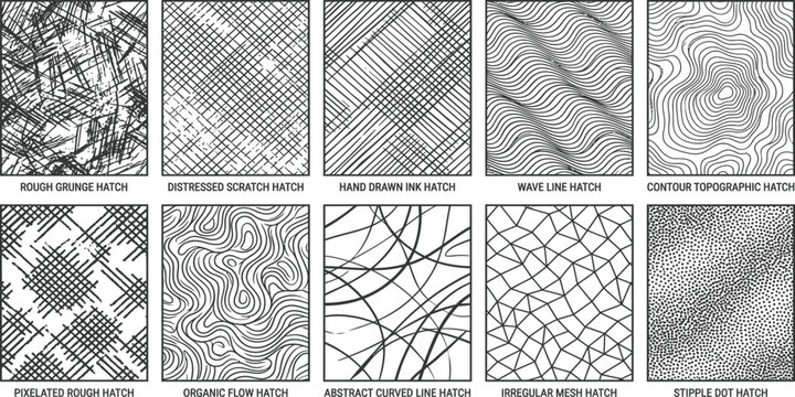 Ten high quality grunge and abstract hatch textures for distressed design projects featuring rough scratches ink streaks and organic flow lines in a professional vector set