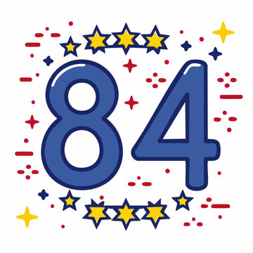 Number 84 with Stars and Confetti