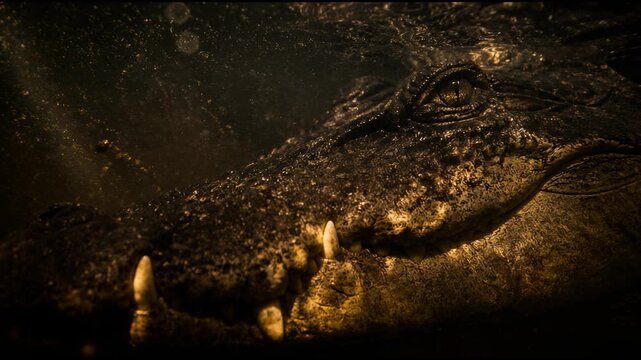 A massive crocodile rests submerged in murky dark water as its textured armored scales and sharp teeth are revealed through a cinematic close up, showcasing the raw power of this predator.