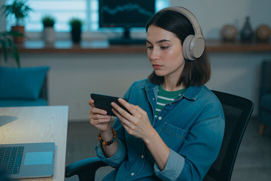 Young woman wearing headphones, using smartphone while sitting at desk and streaming media or joining online meeting. Ideal for remote work, mobile app, digital lifestyle marketing
