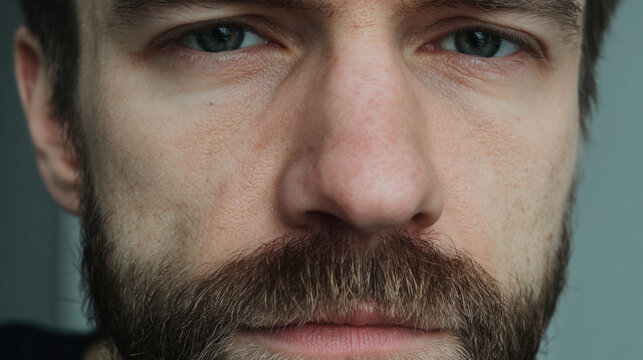 Extreme close-up portrait of sad man with blank stare and dark beard on neutral background
