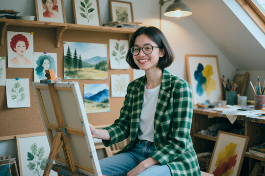 Portrait of young Asian woman painting at easel in art studio, creating portfolio work and expressing creativity. Useful for education, creative career, design school marketing