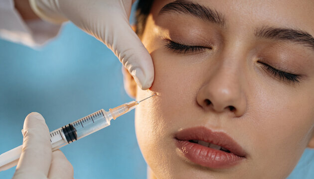 Cosmetologist injecting filler into woman cheek for facial rejuvenation. Professional beauty clinic procedure with syringe for skin treatment. Anti aging therapy and skincare concept.